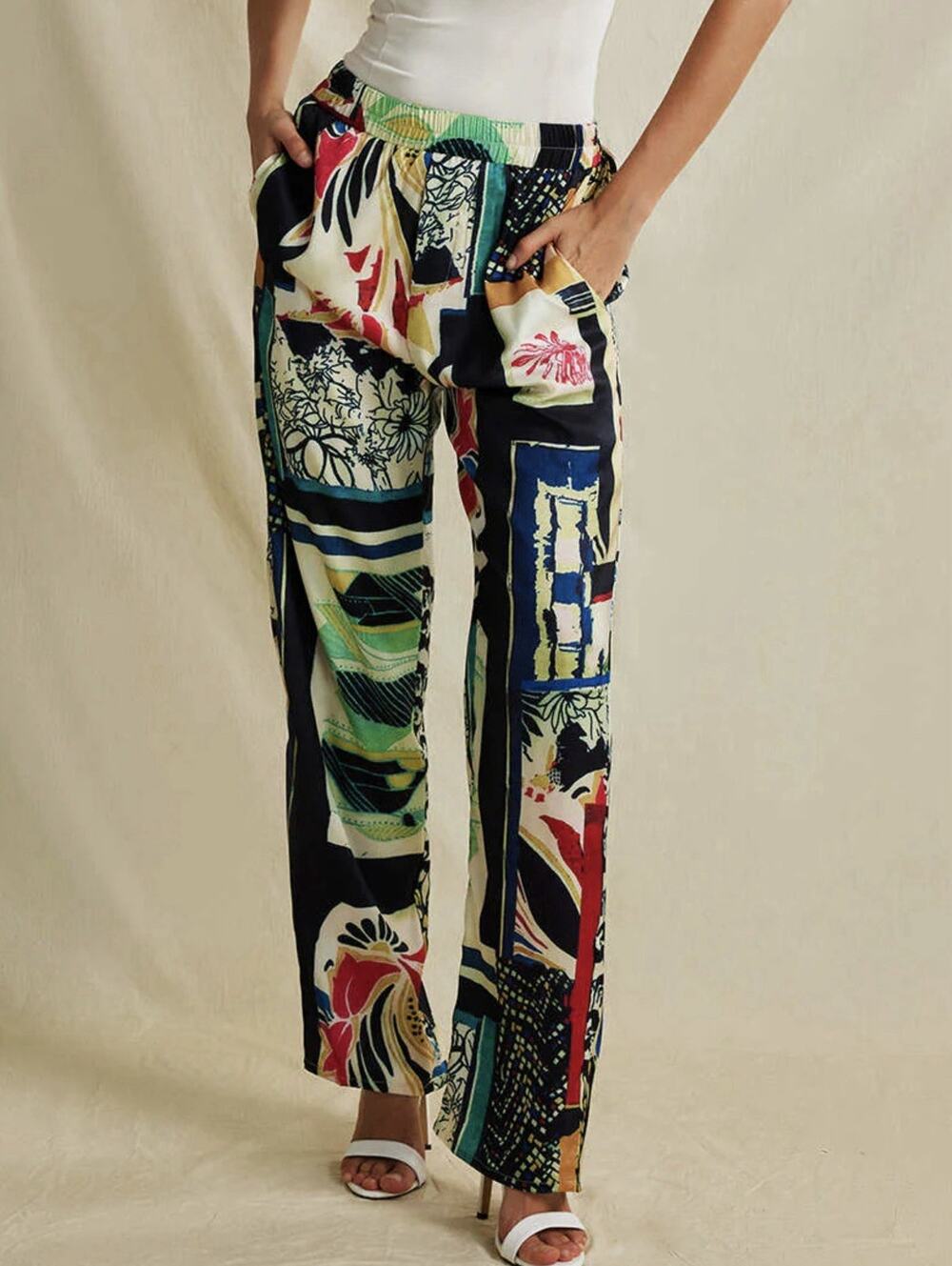Micas Floral Print High Waisted Straight Leg Pants Size 3XL Patchwork Abstract